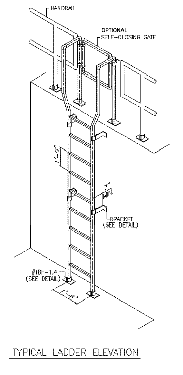 A technical drawing of an aluminum fixed ladder with dimensions and lines to features.