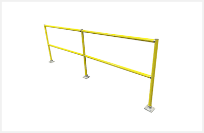 A angled view of an aluminum yellow railing kit that has been constructed.
